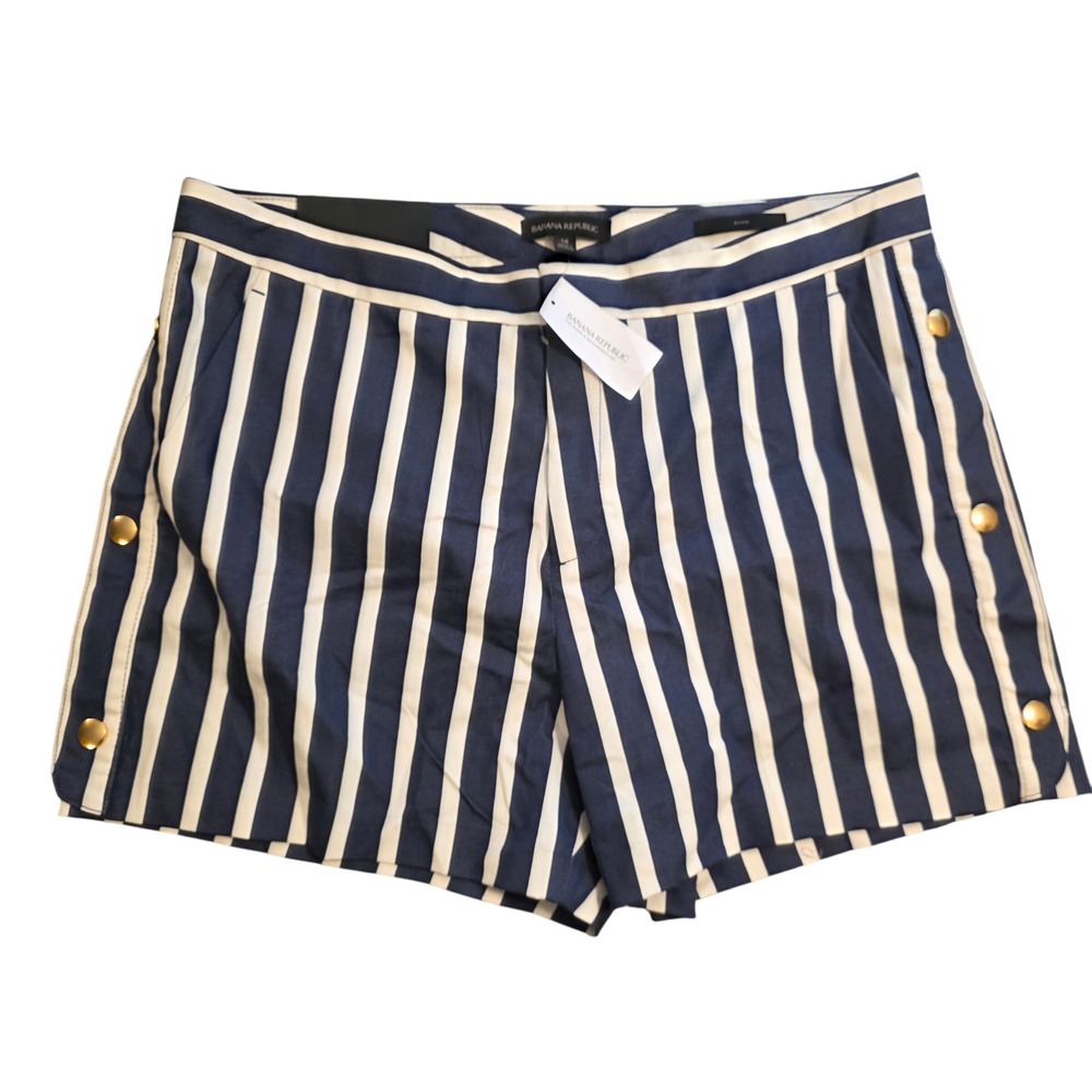 Banana Republic Ryan Shorts Navy Blue Nautical Striped Gold Button Womens 14 NWT